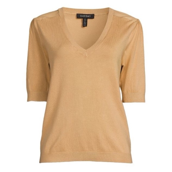 NEW Ellen Tracy Faux Leather Trim V-Neck Sweater in Sand - Picture 3 of 14